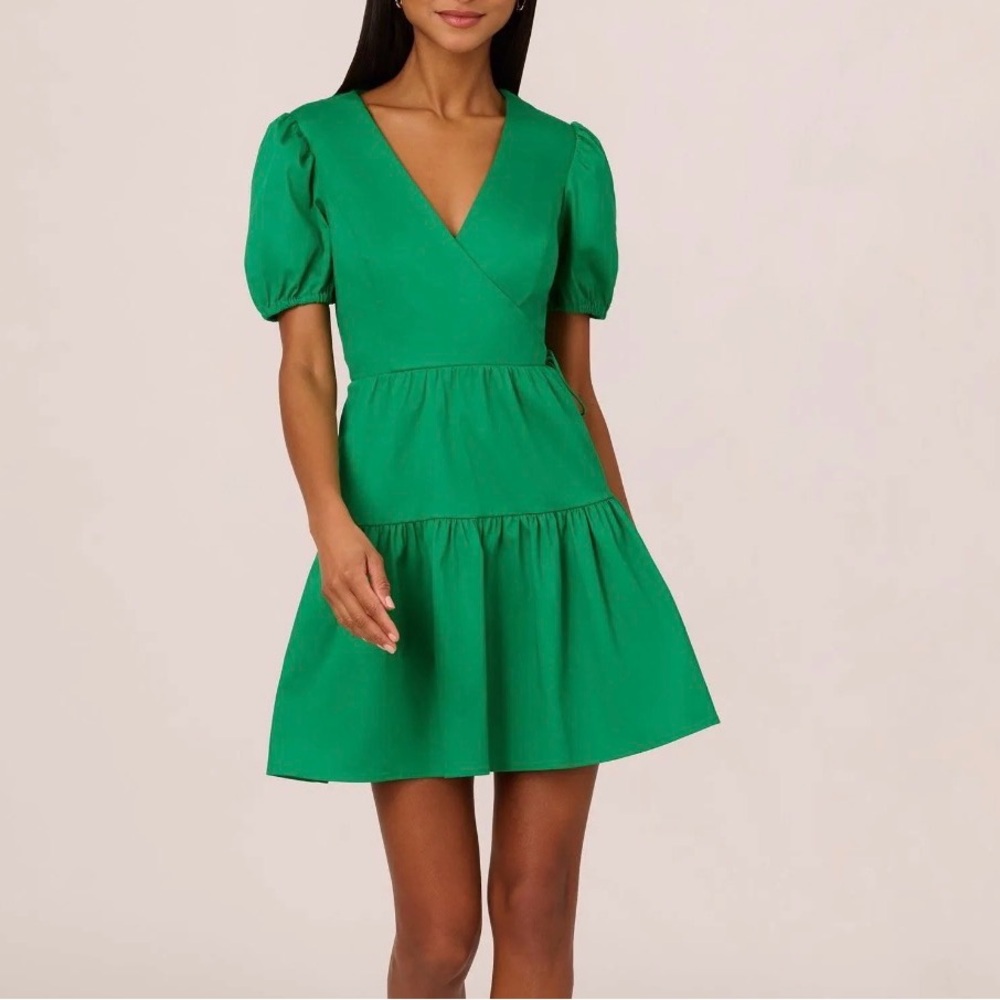 Adrianna Papell Women's Green Short Puff Sleeve Tiered Mini Dress Size 6